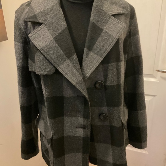 Kensie dark grey and black plaid pea coat - Picture 2 of 6